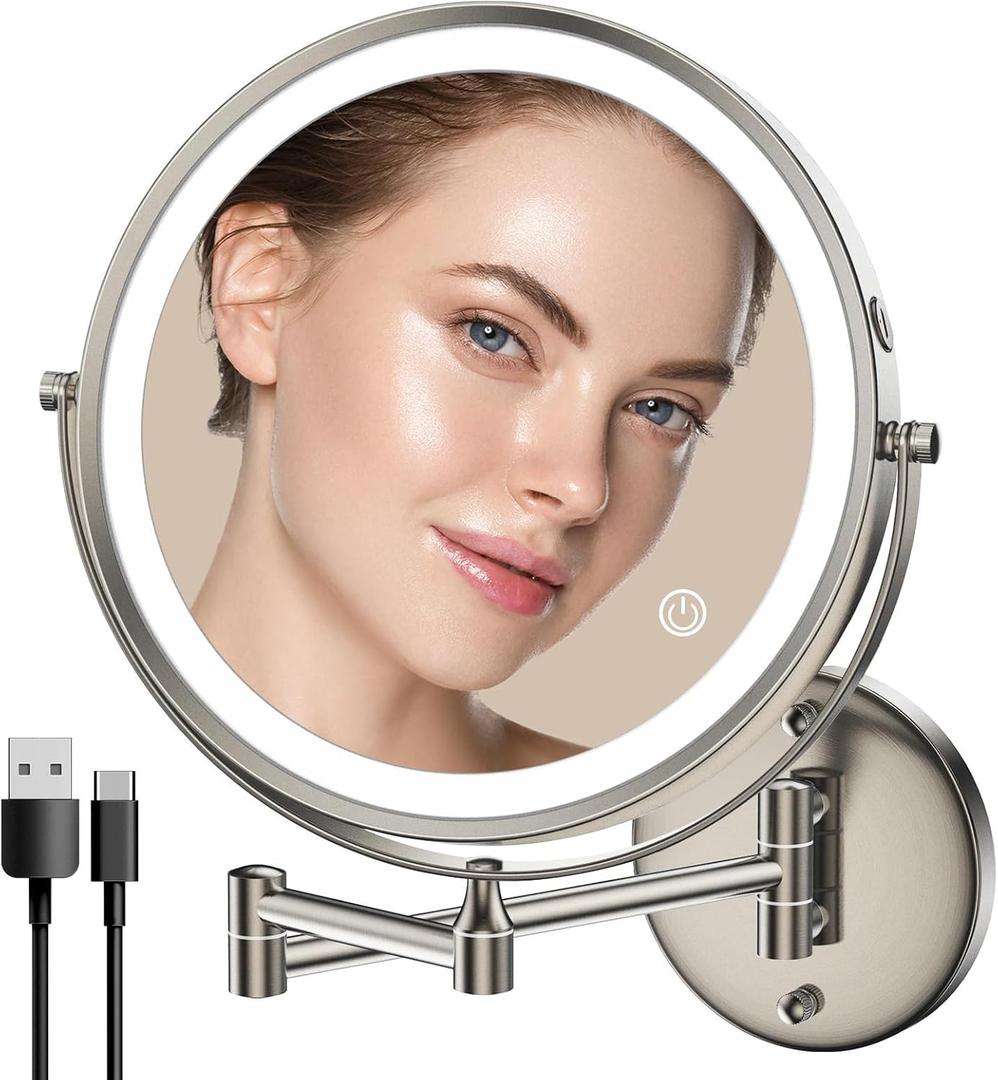 Rocollos 9" Wall Mounted Lighted Makeup Mirror, Large Double Sided 1X/10X Magnifying Mirror, 3 Color LED Vanity Mirror, Touch Dimmable 360 Swivel Light Up for Bathroom (9 Inch Nickel)
