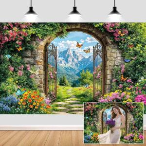 10X8ft Enchanted Garden Backdrop Spring Fairytale Wonderland Castle Door Floral Butterfly Background for Kids Girl Baby Shower Birthday Party Decoration Studio Photography Banner Booth Props