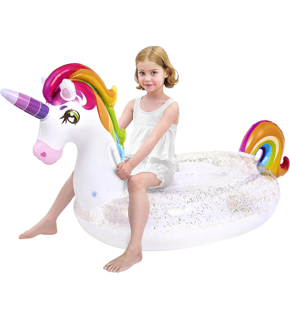 JOYIN Unicorn Pool Float Kids - Inflatable Rainbow Unicorn Floaty with Glitters Fun Pool Floats, Ride On Unicorn Beach Lake Floaties Raft Lounge, Party in Summer Decorations Pool Toys for Kids