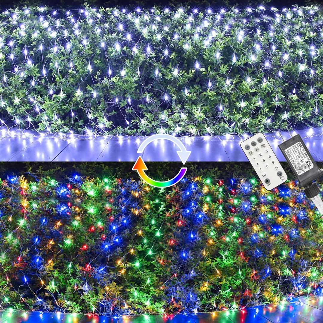 LYHOPE 12ft x 5ft 360 LED Christmas Net Lights, 11 Modes 30V Christmas Lights, Clear White-Multi Color Changing Mesh Decorative Net Light for Xmas Tree Bush Wedding Garden Outdoor Indoor Decor