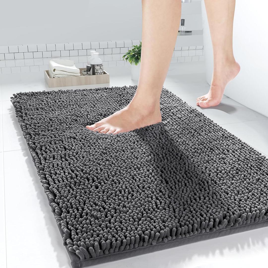 Yimobra Chenille Bathroom Rugs - 24"x17" Super Luxury Soft & Absorbent Quick Dry - Non Slip Bath Mat for Tub Shower - Machine Washable - Dark Gray