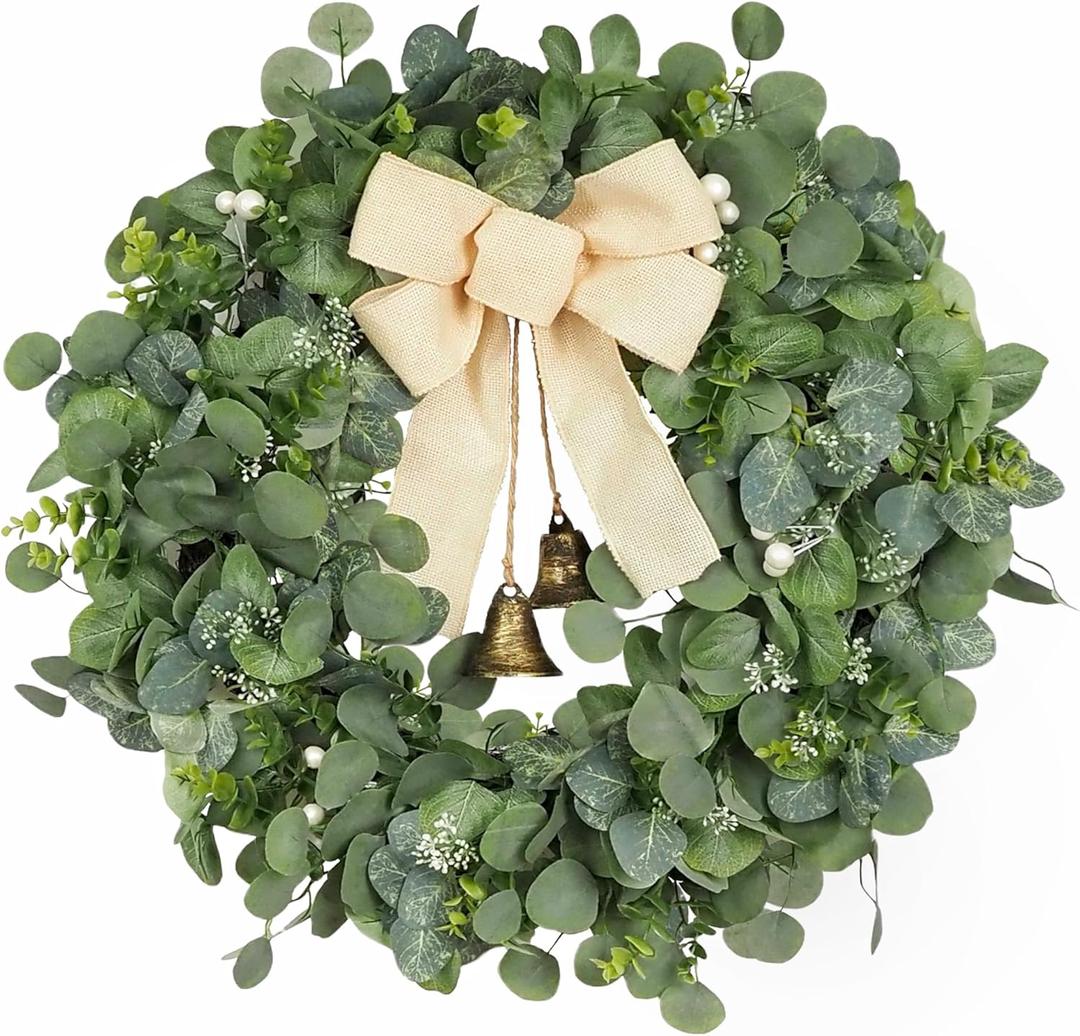 28 Inch Eucalyptus Wreath with Bells & Bow for Front Door, Faux Greenery Wreath for Spring Summer All Seasons Year Round, Green Eucalyptus Decor for Home Farmhouse Indoor Outdoor Porch Wall