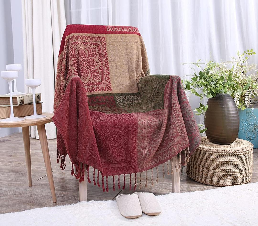 AIVIA Boho Sofa Couch Throw Blanket Futon Slipcover, Recliner Chair Throws Sofa Cover Colorful Chenille Woven Bohemian Decor - 60" x 75" Green Wine Red