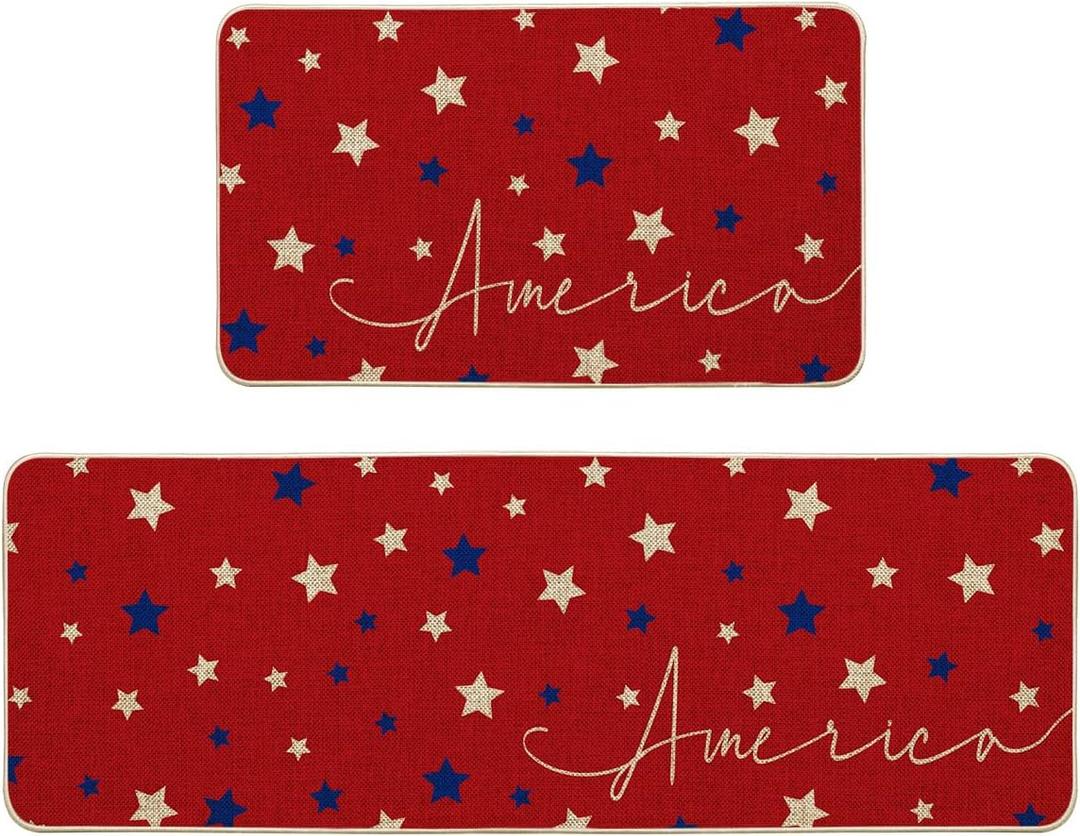 Artoid Mode Red Stars 4th of July Kitchen Mats Set of 2, Home Decor Patriotic Liberty Low-Profile Kitchen Rugs for Floor - 17x29 and 17x47 Inch