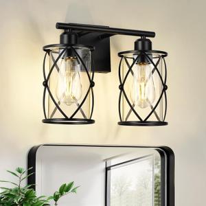 2-Light Black Bathroom Light Fixtures, 13.8 Inch Modern Bathroom Vanity Lighting Fixtures Over Mirror with Clear Glass and Metal Cage Wall Sconce Lights for Bath, E26, CH9176BK-2W