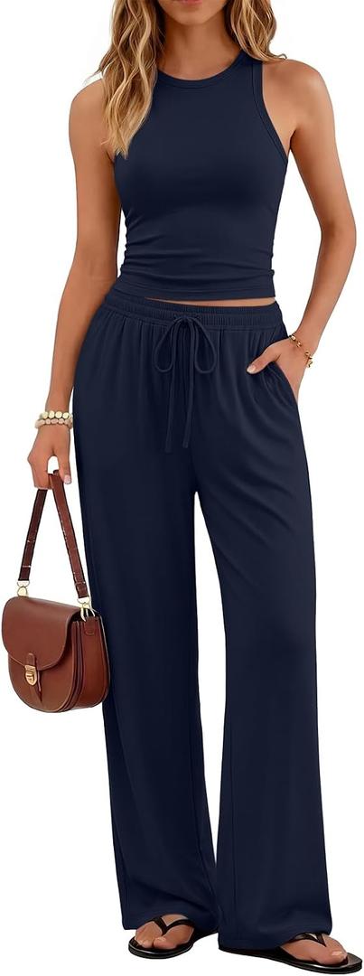 Trendy Queen Women's Summer 2 Piece Lounge Set Matching Outfits 2026 | Butter Soft Tank Top, High Waisted Wide Leg Pants, With Pockets (Blue, S)