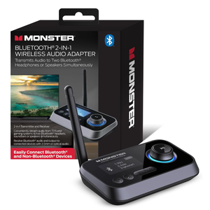 Monster Bluetooth Transmitter & Receiver, 2in1 Bluetooth Audio Adapter, Stream to/from NonBluetooth Devices, Stream TV to 2 Headphones, 33 ft Range, Analog & Digital, TV USB Powered, 3.5mm Aux Port