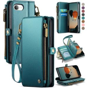 Defencase for iPhone 16E Case Wallet with RFID Blocking Card Holder Slots for Women Men, Elegant PU Leather Magnetic Snap Flip Wristlet Strap Zipper Wallet Phone Cases for iPhone 16e 2025, Green