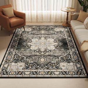 ARKIKI 5x7 Washable Area Rug for Living Room, Non-Slip Soft Boho Vintage Medallion Carpet, Low Pile Distressed Rugs for Bedroom, Dining Room, Home Office, Dorm, Indoor Decor, Black Gold