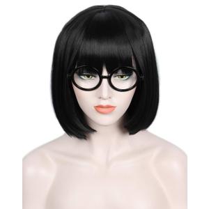Linfairy Short Black Bob Fluffy Wig Halloween Cosplay Costume Wig for Women with Glasses Frames