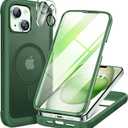 Miracase Glass Series for iPhone 15 Case [Compatible with MagSafe] Full-Body Magnetic Case with Built-in 9H Tempered Glass Anti-Fingerprint Screen Protector + Camera Lens Protector, Matte Green