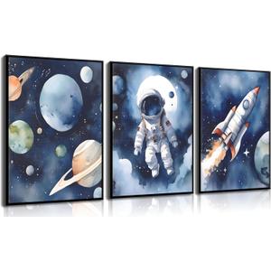 3Pcs Nursery Astronaut Wall Art Kids Space Planets Theme Canvas Painting Rocket Spaceman Wall Decor Explore Dream Galaxy Poster Prints Funny Outer Space Picture for Boys child Bedroom Living Unframed (Blue)