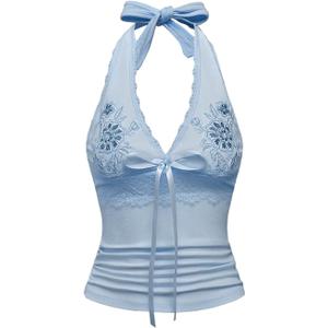 OYOANGLE Women's Y2k Halter Tank Tops Floral Embroidery Bow Lace Trim Ruched Fitted Sleeveless Going Out Top (Blue, L)