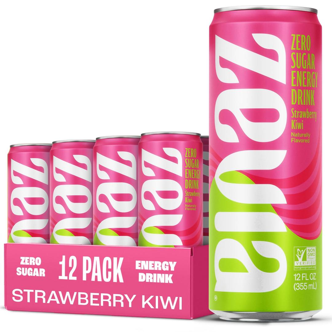 Zevia Zero Sugar Energy Drink, Strawberry Kiwi, 12 oz Cans (12-Pack)  Naturally Sweetened, Zero Calorie Sugar Free Energy - Non-GMO Project Verified, Gluten-Free, Vegan