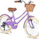 Glerc 20 24 26 Inch Beach Cruiser Bike, 6-Speed Hybrid City Bicycle for Girls Youth and Over 6 Years Old, Missy Bike with Wicker Basket & Lightweight, Multiple Colors (Purple)