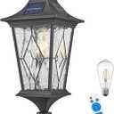 Solar Lamp Post Light Aluminum 20.7 Inch Height Large Size Solar Pole Lights with Water Ripple Handmade Solder Glass Waterproof Black Finish Include Remote Control and LED Bulb