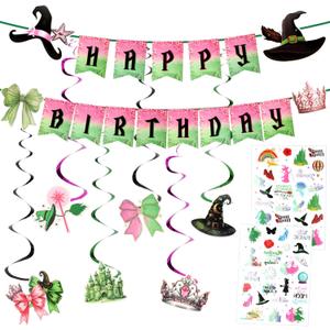 Witch Theme Birthday Party Decorations Set - Pink & Green Happy Birthday Banner, 6 Hanging Swirls, Witch-Themed Temporary Tattoos, Party Favors & Wizard Birthday Supplies for Girls