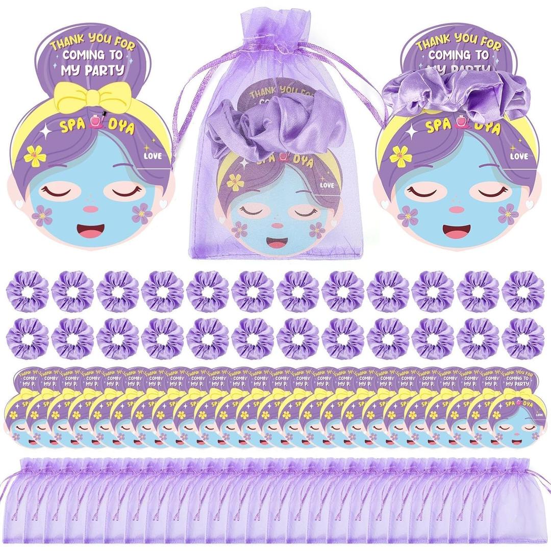 24 Set Purple Spa Party Hair Scrunchies Gift Bulk For Guest With Greeting Cards And Organza Bags Girls Sleepover Party Favors Elastic Hairband Bachelor Sleeping Slumber Party Supplies