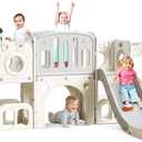 8 in 1 Toddler Slide Set, Kids Slide for Toddlers, Toddler Climber Slide PlaySet with Basketball Hoop,Outdoor Indoor Playground for Toddlers Upgraded Grey, 61x87x41.7 inches