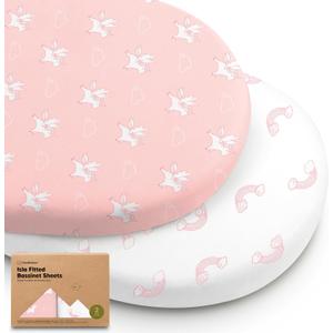 2-Pack Baby Bassinet Sheets Girl, Boy - 33x17 Viscose Derived from Bamboo Bedside Mattress Fitted Bassinet Sheets, Compatible with Halo Bassinest Swivel Sleeper, Baby Delight, Graco(Dreamland)