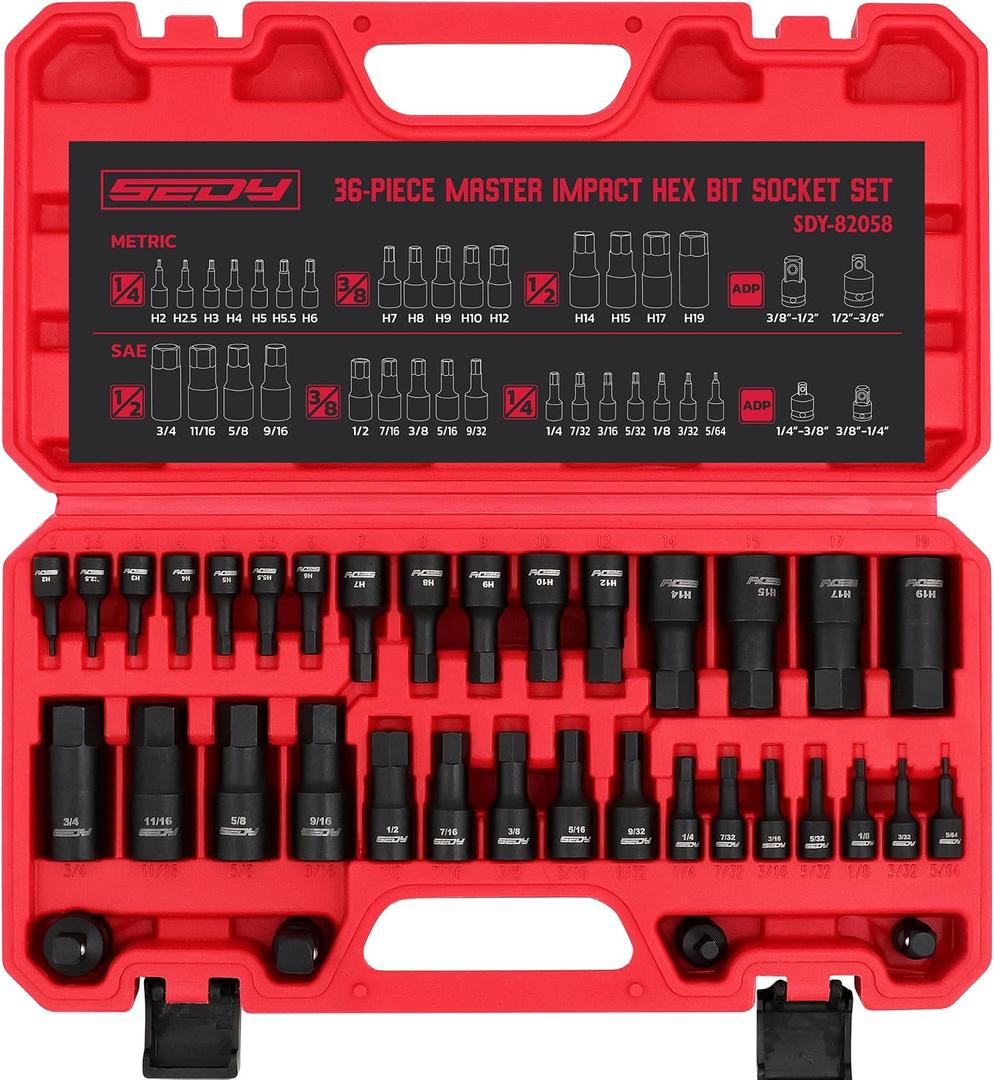 Hex Bit Impact Socket Set: 36-Piece with 4 Adapters, 1/4" 3/8" 1/2" Drive Master Allen Impact Socket Set, SAE and Metric, H5-H19 & 3/4"-5/64", Heavy Duty Storage Case, Automotive Mechanic
