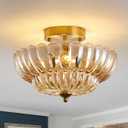 12‘’Semi Flush Mount Ceiling Light-3-Light Vintage Crystal Glass with Gold Metal Frame, Modern Close to Ceiling Lighting for Bedroom, Bathroom, Laundry Room, Entryway, Hallway