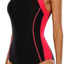 beautyin Women's One Piece Athletic Racerback Swimsuit Slimming Bathing Suit (Large, Black and Red)