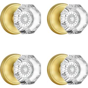 4 Pack Gold Dummy Door Knobs for Interior Doors, Non Turning Crystal Glass Dummy Door Knobs for Hall Closet Bifold, Satin Brass Finish (Dummy 4 Pack)