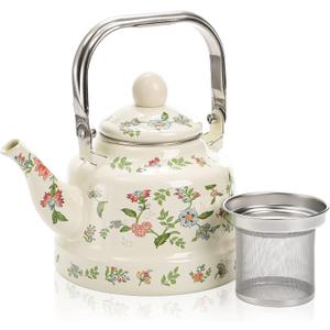 Jucoan 1.8 Quart Vintage Enamel Stovetop Tea Kettle, Retro Green Floral Enamel on Steel Teapot with Removable Infuser for Camping, Gift for Wedding Housewarming Easter