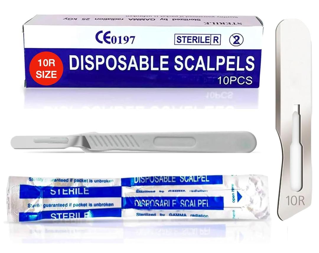 10r Disposable Scalpels 10R - Dermaplaning Tool Scalpel with Plastic Handle, High Carbon Steel Dermablade Blades #10 Surgical Blades, Scaple - Box of 10