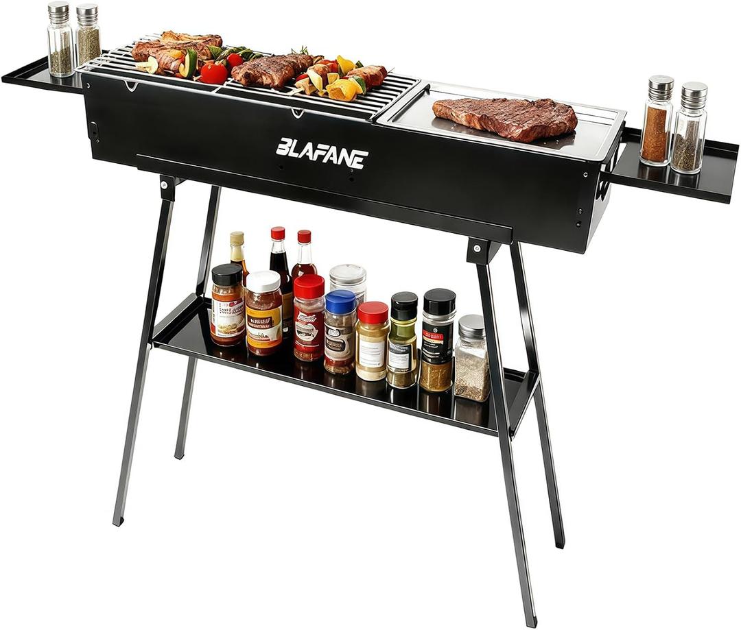 Charcoal Grill, Alloy Steel BBQ Barbecue Outdoor Grilling with Durable Support Frame and Dual Adjustable Vents for Tailgate Patio Beach Backyard(31.6x7.1x5.1 inch with Flat Grill Plate), Black