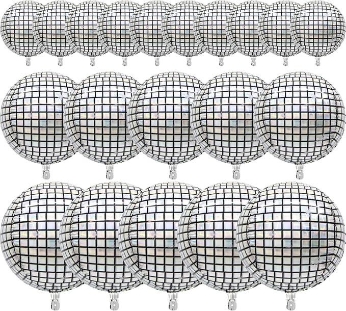 PartyWoo Silver Disco Ball Foil Balloons 20pcs Different Sizes Pack of 22 15 10 Inch Large Round Foil 4D Inflatable Mirror Ball Mylar Balloons for Graduation Men Birthday Space Party Decorations