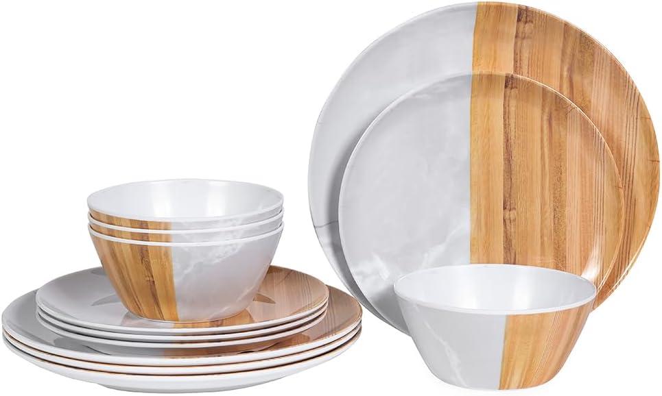 Melamine Dinnerware Sets for 4, 12-Piece Lightweight Outdoor Plates and Bowls Sets, Unbreakable Wooden Jade Pattern Flatware set