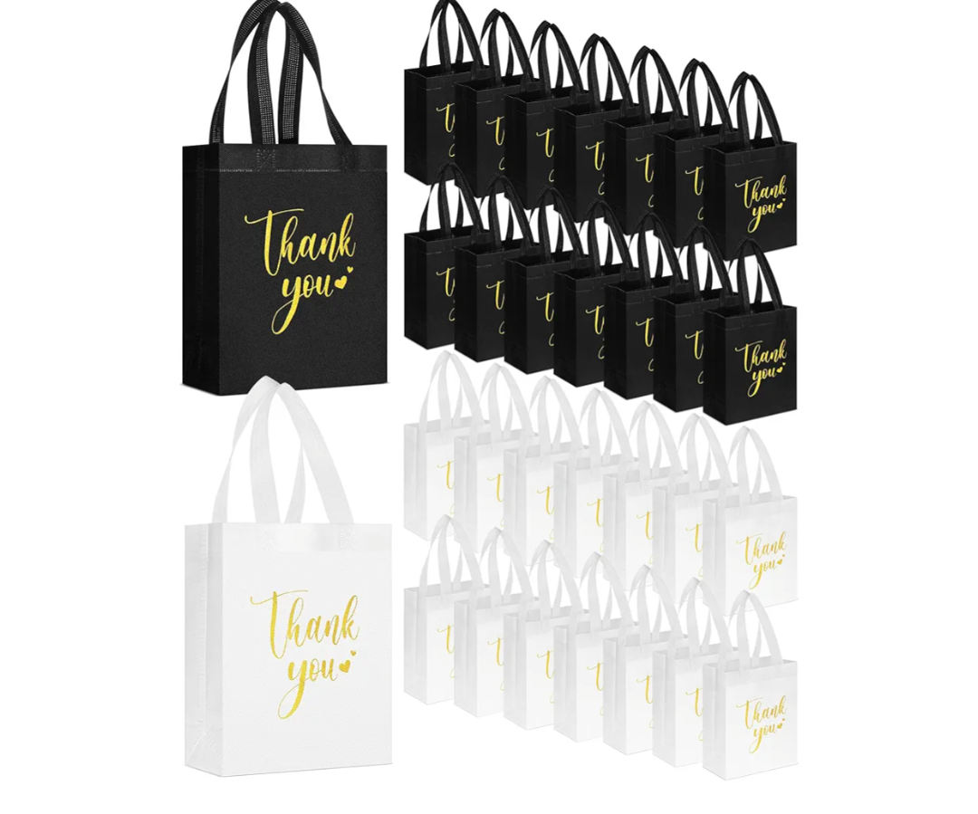 Sweetude 30 Pcs Thank You Gift Bags with Handles Bulk Reusable Goodie Bag Non Woven Foldable Handbag for Christmas Wedding Bridesmaid Gifts(10 x 8 x 4 Inch,Black, White