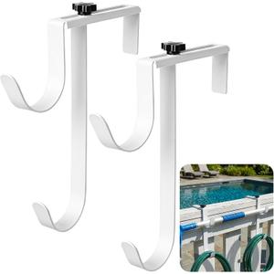 2 Pcs Double Pool Fence Hooks for Pool Equipment, Adjustable Pool Pole Hanger Holder, Rustproof Swimming Pools Skimmer Pole Hooks for Hanging Tool, Hose, Leaf Rakes, Nets Pool-Accessories (White)