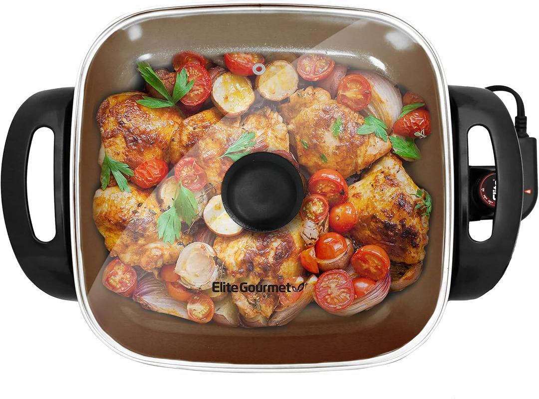 Elite Gourmet EG3033 12"x12"x2.35 Healthy Ceramic with Titanium Coated Scratch Resistant Electric Skillet, Dishwasher Safe, Rapid Heat Up, 1200W, Dark Grey, 6 Quart