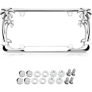 Premium 3D Palm Tree Chrome License Plate Frame with 4 Silver Screw Caps, Street Legal Universal Fit for Cars & Trucks, Heavy Duty Rust-Free Zinc Palm Trees Chrome License Plate Frame for Women & Men