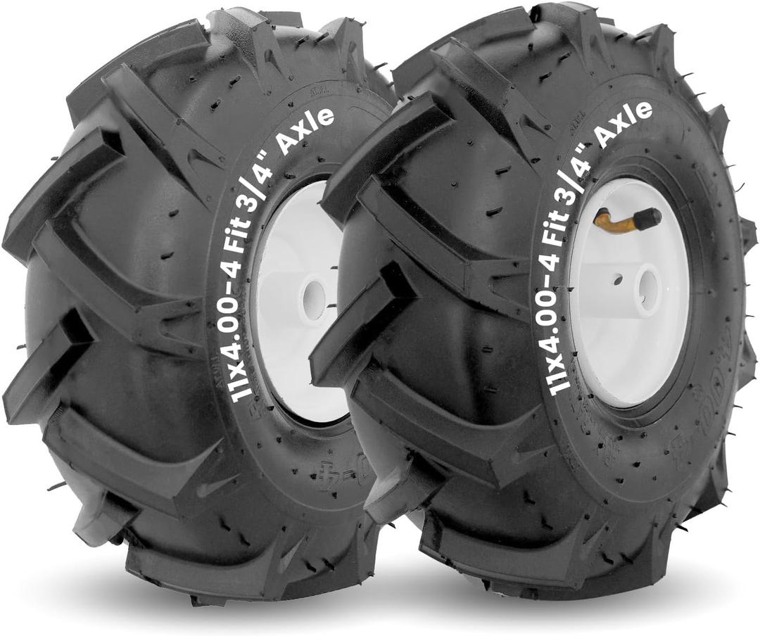 MZREXN 11x4.00-4" Tiller Tire and Wheel 2 Pack, 3/4" Axle Size | 3-1/8" Offset Hub, 4Ply Pneumatic, Compatible with Craftsman & Troy-Bilt Tiller Replacement Tire