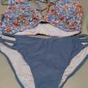 Fanuerg Women's Sexy V Neck Bikini Sets Hollow Out Two Piece Swimsuits Cutout Mid Waist Bathing Suit (Medium, Floral Grey Blue)