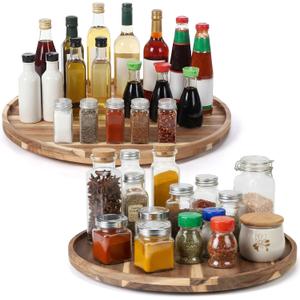 2 Pcs 20'' Wood Lazy Susan for Countertop Acacia Large Turntable Rotating Serving Tray for Table Top Non Skid Kitchen Tray Revolving Condiment Spice Rack Table Organization Storage, Natural