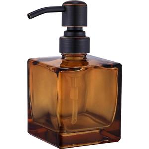 Square Bathroom Soap Dispenser Amber Bottle with Oil Rubbed Bronze Pump, Retangle Cube 8.4 oz Glass Bottles with Stainless Steel Pump Hand Liquid Soap Dispenser Kitchen