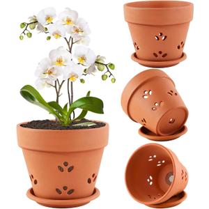 Terracotta Orchid Pots with Holes and Saucers, 6 Inch Set of 4 Clay Orchid Planter for Repotting, Terra Cotta Plant Pots for Flower Succulents Indoor and Outdoor Promotes Air Circulation