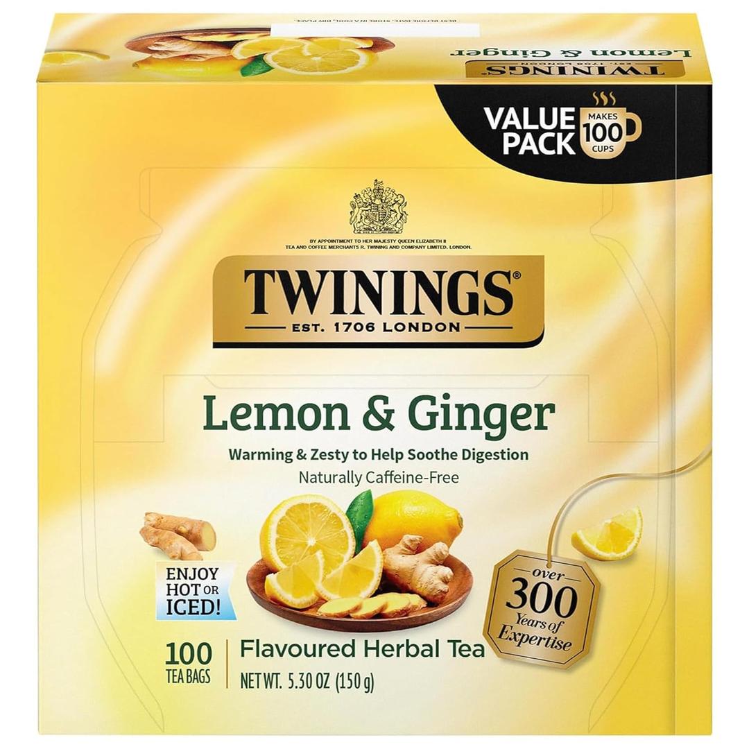 Twinings Lemon & Ginger Herbal Tea Individually Wrapped Bags, 100 Count (Pack of 1), Tangy Lemon, Spicy Ginger, Naturally Caffeine-Free, Enjoy Hot or Iced, 100 Teabags (EXP 10/14/27)