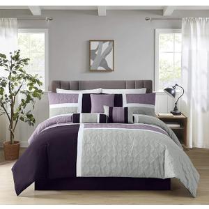 Chezmoi Collection Upland 7-Piece Quilted Patchwork Comforter Set, Lavender/Gray/Purple, King