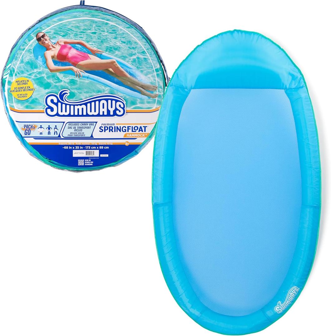 SwimWays Spring Float Premium Hammock Pool Lounger, Inflatable Pool Floats Adult with Fast Inflation for Ages 15 & Up, Sky Blue