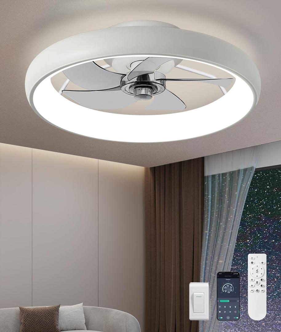 Fivesun Ultra Low Profile Ceiling Fans with Lights and Remote Ultra Quiet 25 dB, 21" Modern Flush Mount Ceiling Fan LED Ceiling Fan Fandelier Ceiling Milky White