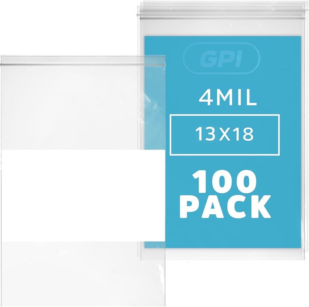 GPI - 13" x 18" - Bulk Pack of 100, 4 Mil Thick, Heavy Duty, Clear Plastic Reclosable Freezer Zip Bags, With White Block for Labeling, Strong & Durable Poly Baggies With Resealable Zipper Top Lock.