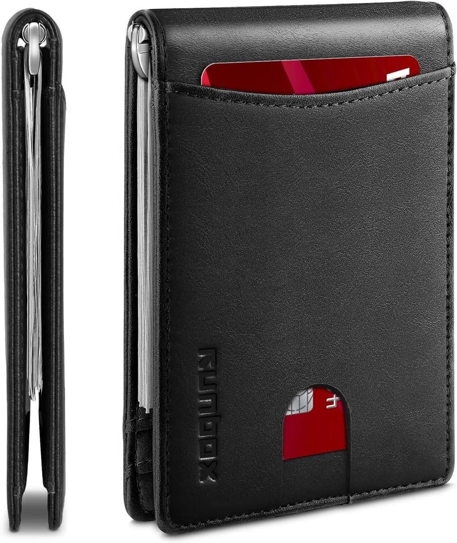 RUNBOX Slim Wallet for Men Genuine Leather RFID Blocking Bifold Minimalist Front Pocket Mens Wallet with Money Clip Thin Gift Box
