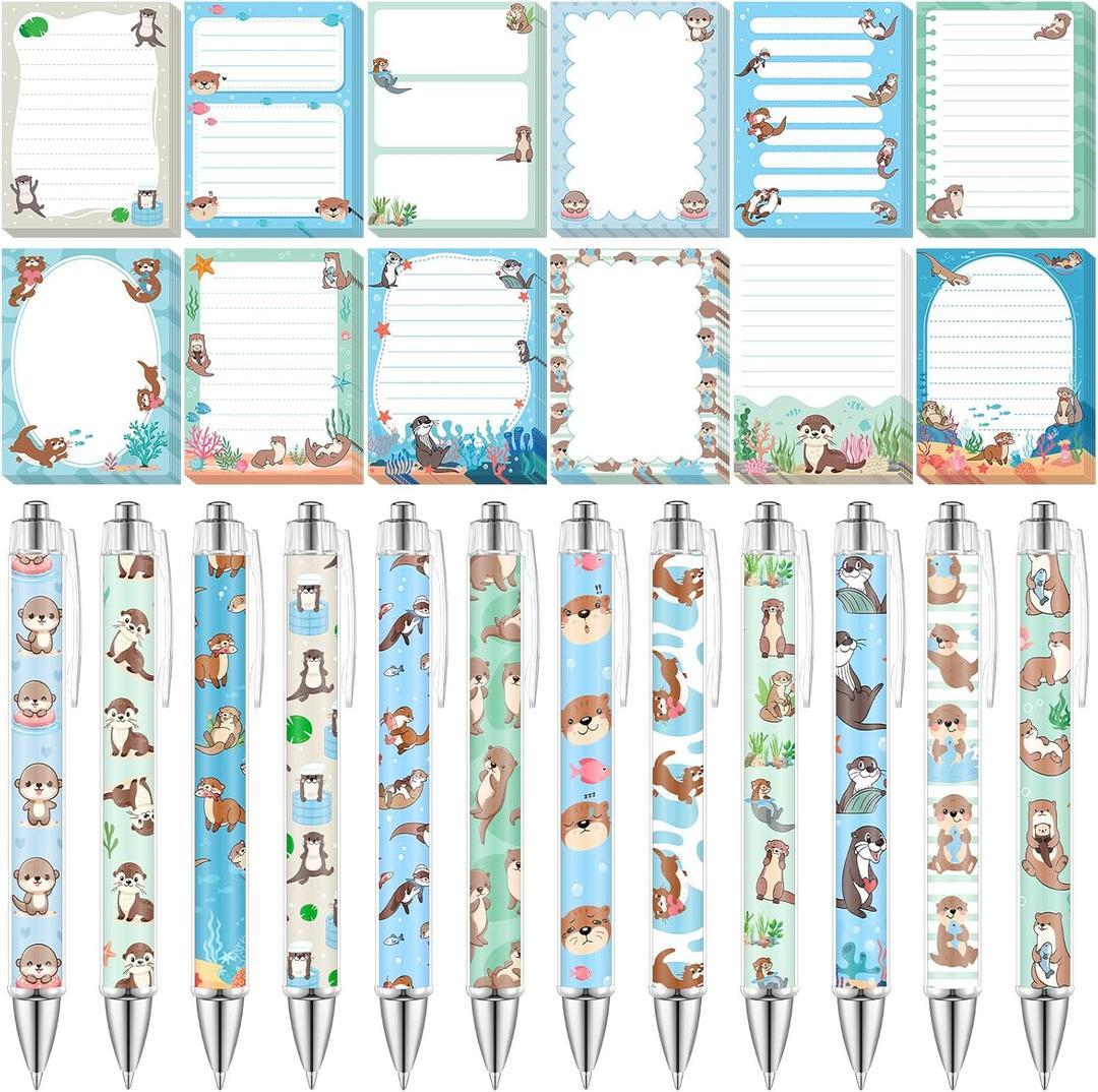 Dispowreath 24 Pcs Otter Sticky Notes with Pens Themed Gifts Self Adhesive Notepad Cute Memo Notes Pads Black Ink Ballpoint Pen for Otter Lover Gifts Office School Students Teacher Supplies