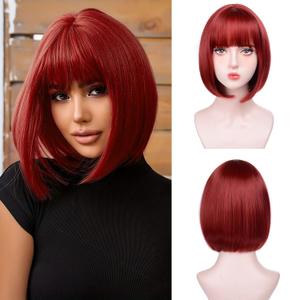 Red Bob Wigs for White Women - 12'' Short Bob Wigs With Bangs Natural Fashion Synthetic Wig Colorful Synthetic Hair for Daily Cosplay Halloween, Red